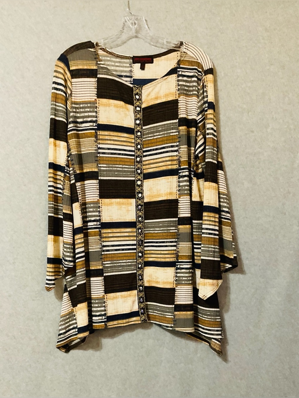 Mishca Women's Striped Button-Trim Blouse - Brown, Cream & Navy Sz XL